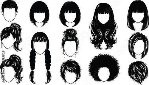 Woman hairstyle silhouette collection vector set for beauty and hair salon branding.