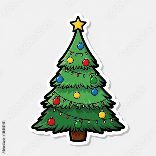 Decorated Christmas Tree Sticker Icon Holiday Cartoon Illustration