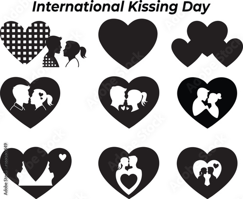 A collection of black heart shaped silhouettes depicting loving couples kissing and embracing for International Kissing Day
