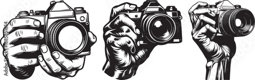 Three hands holding vintage cameras, showcasing photography, nostalgia, and creative pursuit.