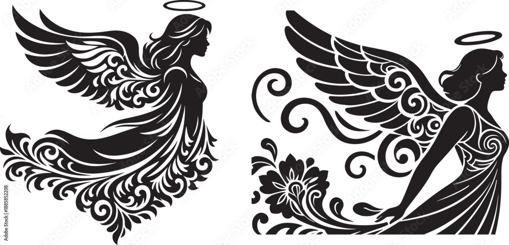 Fototapeta premium Two elegant black silhouette illustrations of angels with decorative wings and halos, symbolizing spirituality and purity.