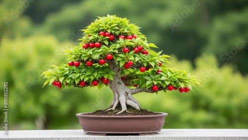 Vibrant cherry bonsai tree with abundant red fruits growing in dark pot against blurred green forest