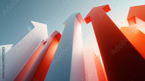 Abstract upward arrows representing business growth, progress, and positive performance trends against a bright sky.