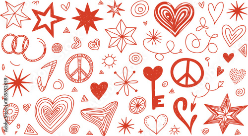 Playful red hand drawn symbols and shapes including hearts stars and peace signs create a lively pattern