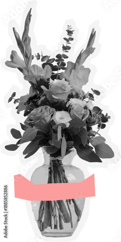 Grunge halftone tall flower vase collage sticker with pink tape strip