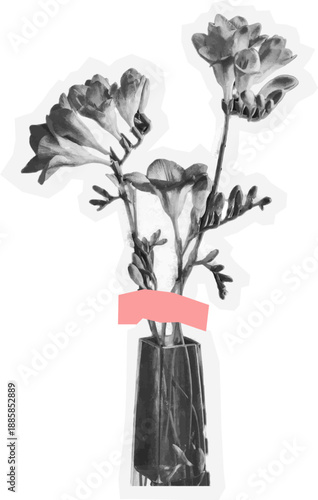 Minimalist vintage wildflower jar collage element with tape and grunge texture