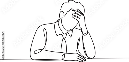 Continuous one line drawing fatigue set concept at work. Tired male office worker sitting.one line vector illustration with out background