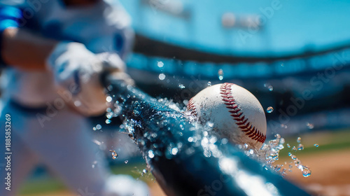 Baseball bat connects with ball creating a splash in bright stadium under a clear blue sky