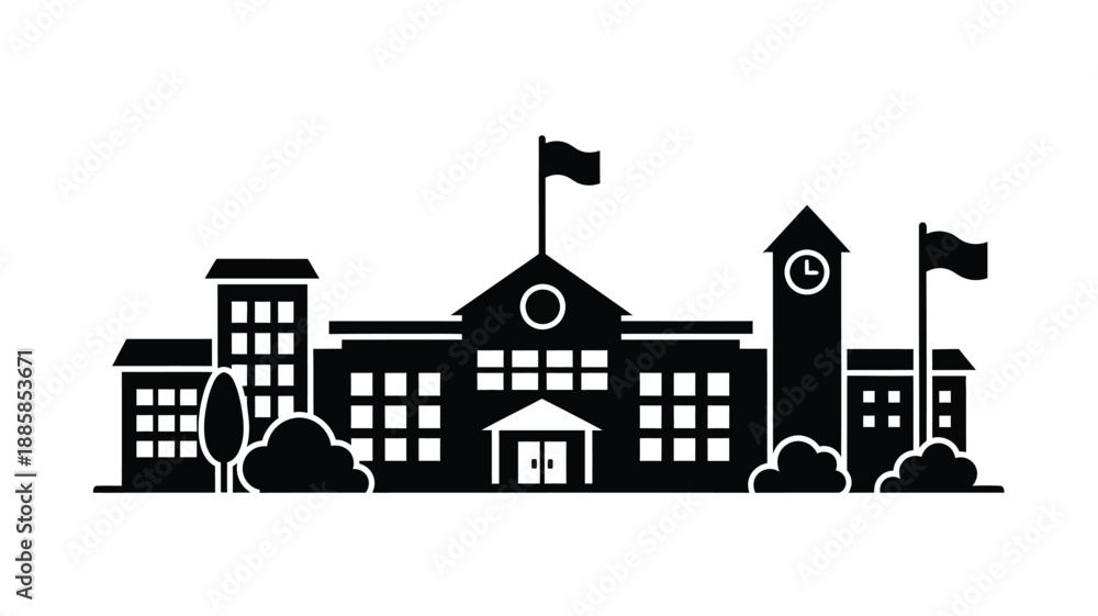 Obraz premium a detailed silhouette of a stately building with flags and a clock tower