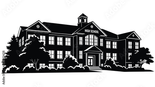 a detailed black and white illustration of a classic high school building silhouette