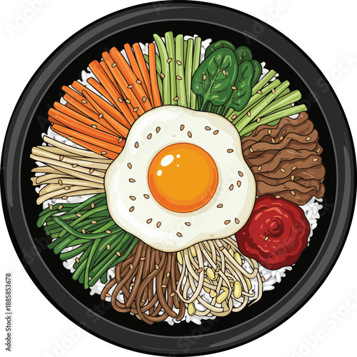 Authentic Korean Bibimbap Bowl Vector Illustration