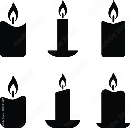 Candle Silhouette Vector Featuring Six Lit Candles in Varied Shapes and Holders Arranged in 2x3 Grid