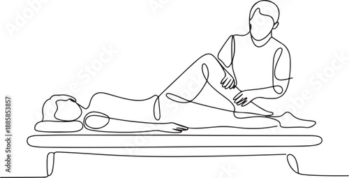 Continuous one line drawing physiotherapy rehabilitation assistance. Cute woman patient lying on massage table therapist doing healing treatment massaging injured foot.one line vector 