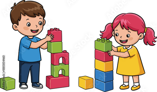Cute cartoon boy and girl building colorful blocks together happy kids educational playtime flat vector illustration isolated white background