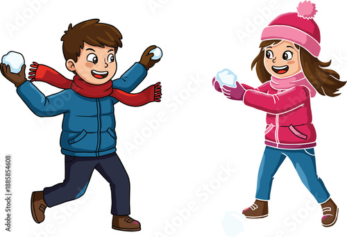 Cute cartoon boy and girl playing snowball fight happy kids winter fun colorful flat vector illustration isolated