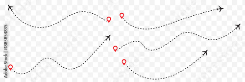 Airplane route vector set: dotted flight path illustration - downloadable graphics for travel and navigation designs. Vector illustration. Eps 10.