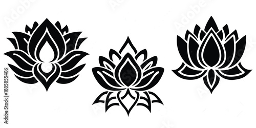 Three bold stylized lotus flower elements are shown in black on a white background