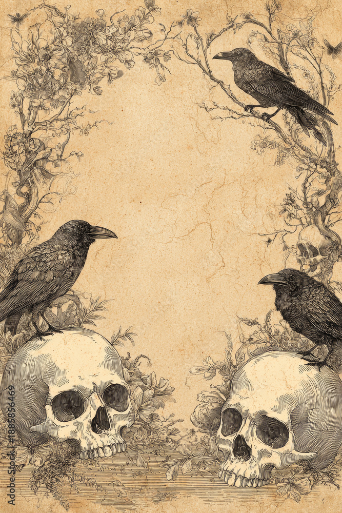 Fototapeta premium Vintage illustration features floral border frame made from human skulls and ravens, creating mysterious and gothic atmosphere. intricate details and sepia tones enhance eerie yet artistic design