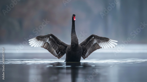 Black swan spreading its beautiful white tipped wings, standing gracefully in calm water, wildlife in natural habitat