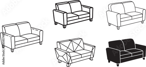 Modern living room sofa icon set with multiple couch styles, clean outline and solid variations, minimalist furniture symbols for interior design, apps, web UI, and home decor projects