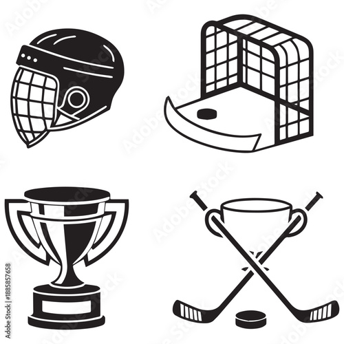 Hockey Icons Set – Puck, Helmet, Trophy, Sticks & Goal Illustrations .