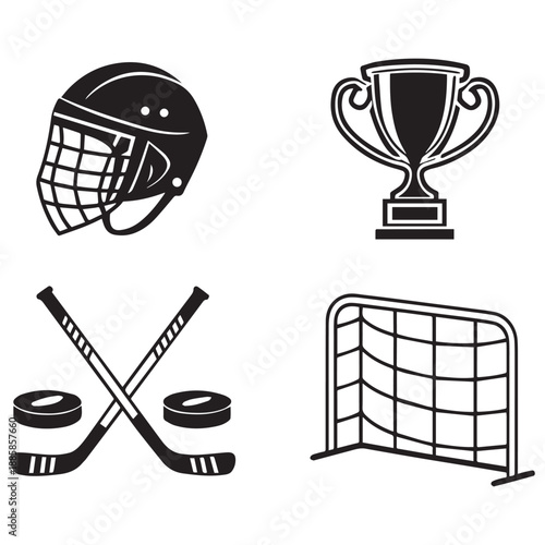 Hockey Icons Set – Puck, Helmet, Trophy, Sticks & Goal Illustrations .