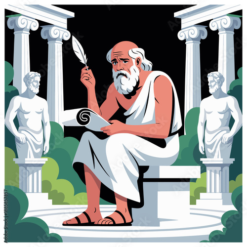 Ancient Greek philosopher writing on a scroll in a classical setting.