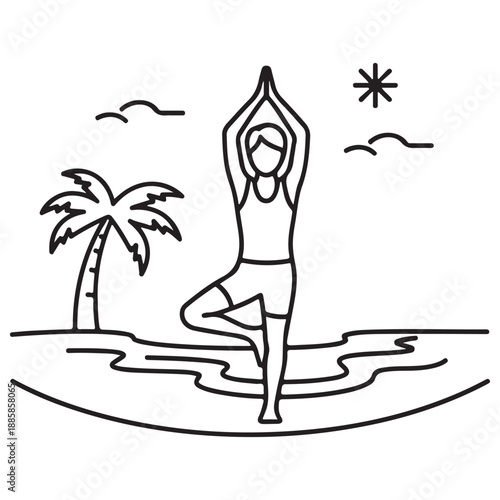Vector illustration of a woman in a yoga pose silhouette on a tropical beach with palm trees and a summer sun over the ocean