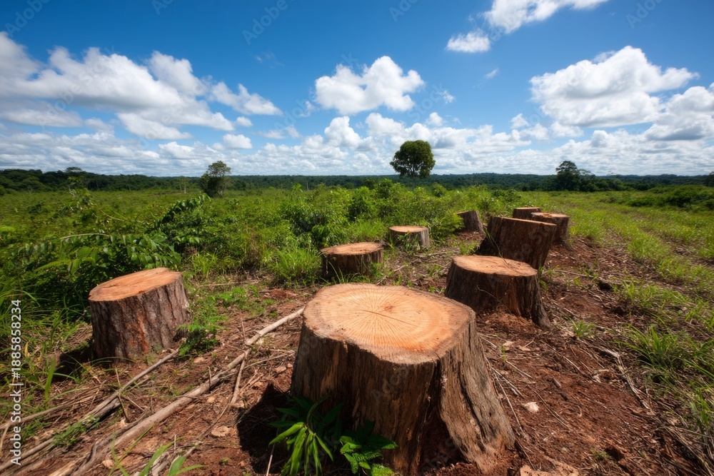 Fototapeta premium Neatly Cut Tree Stumps in a Tropical Forest Area Under Clear Blue Sky