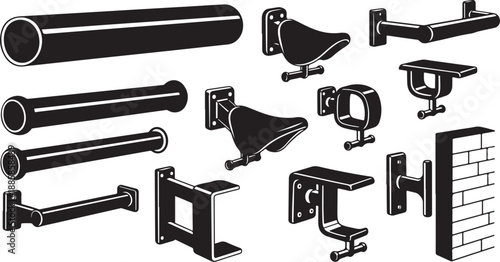 Black and white illustration of various pipe brackets and fittings