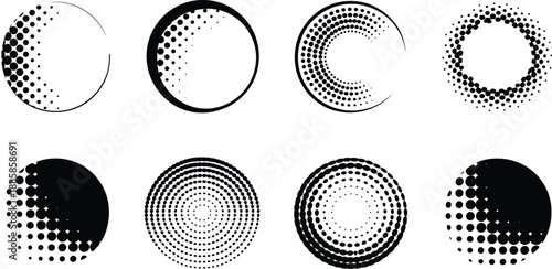 Abstract dotted circular pattern set, halftone gradient design, black dot matrix graphics, radial symmetry concept, modern minimal visual elements