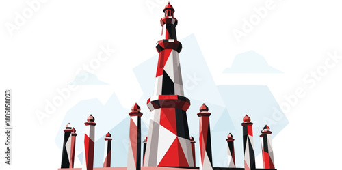 A red and white beacon tower stands high against the sky as a World War II memorial monument in Washington DC, blending historic architecture with a flag and city travel views in the USA