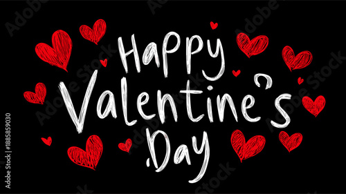 White handwritten Happy Valentines Day text surrounded by red hearts on a black background. Happy Valentines Day greeting text with red hearts