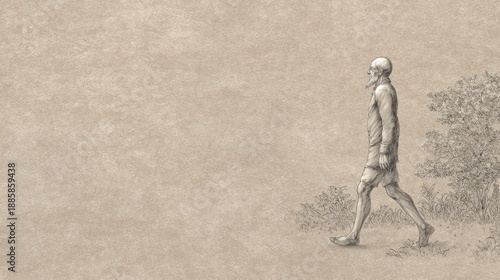 A pencil sketch of a bald man walking on a path near bushes and trees