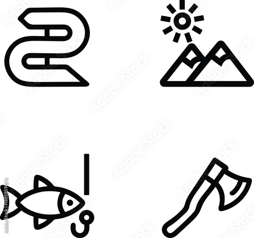 Collection of outdoor adventure icons representing a winding path mountains under sun fishing and an axe
