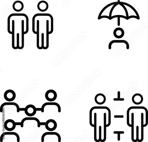 Set of four simplified people icons representing teamwork protection community and social distancing on transparent background