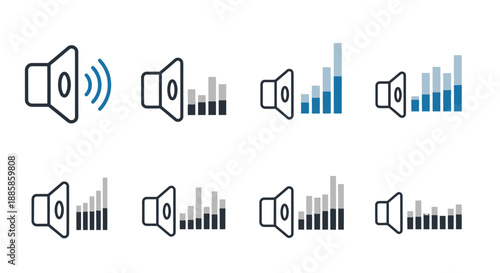 Set of speaker icons with sound wave graphs in various styles.