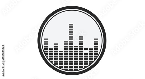 Black and white equalizer icon with sound wave graphic.