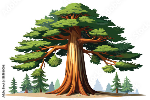 Majestic sequoia tree with sprawling branches rises above a verdant pine forest landscape