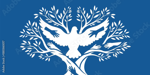 A seamless nature wallpaper design featuring a winter tree silhouette with a bird perched on a floral branch element among decorative leaves and vector ornament shapes for a textured art illustration