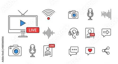 Collection of icons related to live streaming and online broadcasting.