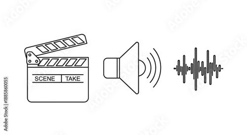 Film clapperboard, speaker, and sound wave icon set.