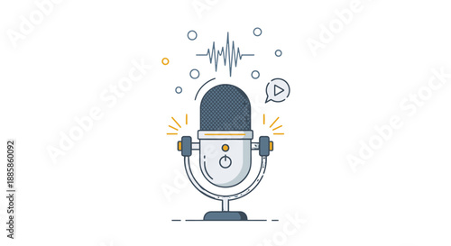 Vintage microphone illustration with sound waves and audio signals.