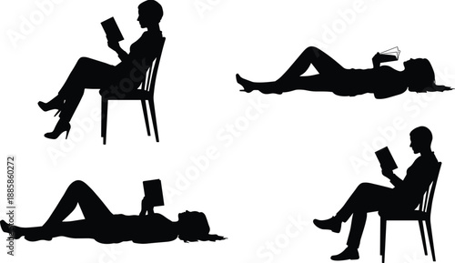 Silhouette of men and women reading books while sitting on chairs and lying down, relaxing indoors