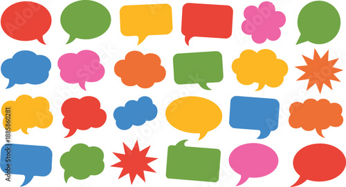 Colorful speech and thought bubble icon set, vibrant vector shapes for comics, messaging, dialogue, and visual storytelling design projects