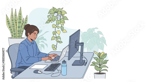 Diligent professional woman efficiently works on her laptop and external monitor from a modern, plant-filled home office, embracing productive remote work
