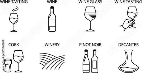 Vector line icon collection featuring wine tasting, bottles, glasses, vineyard landscape, cork, and decanter in modern minimal style for winery and sommelier branding.