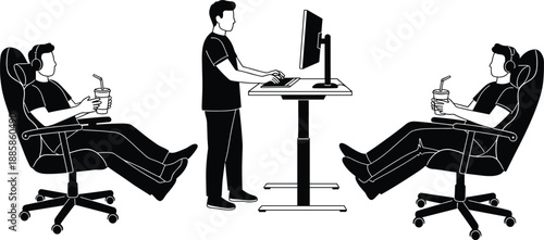 Silhouette of professionals in ergonomic workstation, seated and standing posture, office productivity, modern workspace, relaxed setting