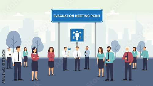 Crowd gathered at an outdoor urban evacuation meeting point under a clear sky, representing safety and emergency preparedness