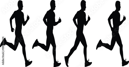 Silhouette of running man in motion, jogging athlete exercise, fitness training illustration, sports activity vector, marathon runner dynamic movement